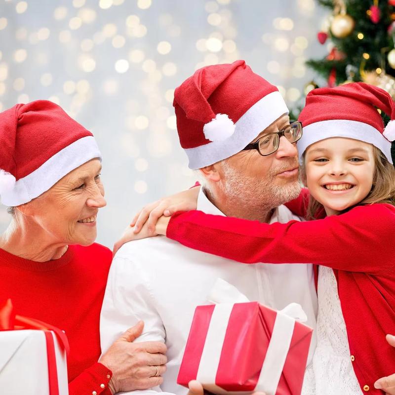 Christmas Santa Hats Soft Non-Woven Material Fluffy White Pom Pom For Xmas Parties Holiday Gatherings