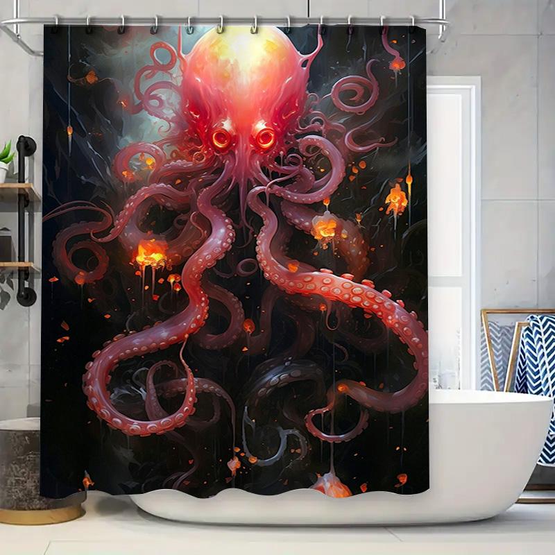 

High-Quality Octopus Pattern Shower Curtains for Bathroom Decoration Waterproof Fabric with Eye-catching Design in Red and Black 90x180cm