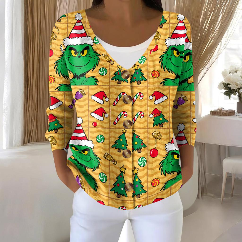 Women's Fashion Long Sleeve Christmas Snowman Snowflake Print Jacket Cardigan