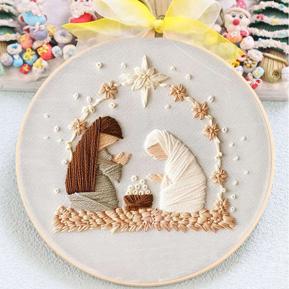 Nativity Stamped Cross Stitch Embroidery Kits with Hoop Cloth Color Thread
