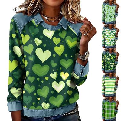 Sudadera de Mezclilla Patchwork de Manga Larga Acampanada Moda Mujer Estampada Casual Pullover