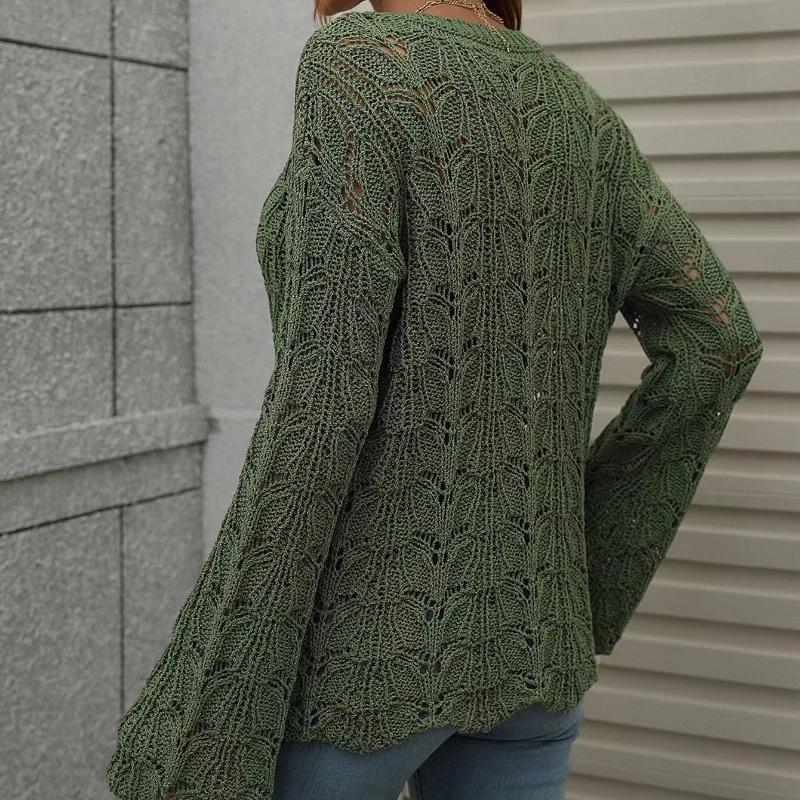 IHUASU Damen Herbst und Winter Strickpullover Einfarbig Häkeln Aushöhlen Pullover O-Ausschnitt Lockerer Pullover
