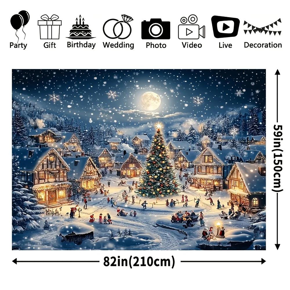 1 piece Christmas background fabric featuring cartoon village and red pine tree design 100% polyester party decorationZL