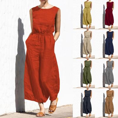 Women's Fashion Solid Color Jumpsuit Round Neck Sleeveless Jumpsuit Casual Loose Jumpsuit With Pockets
