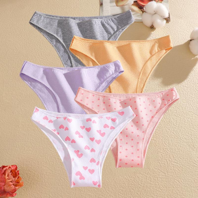 FINETOO 5Pcs/Set Seamless Cotton Cherry Lips Printing Panties Women Sexy Low Waist Cotton Crotch Spring Autumn Underwear Ladies Lingerie
