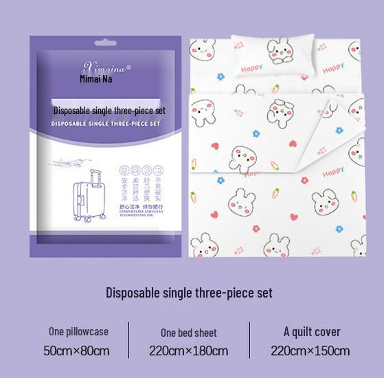 Purple Disposable 4-Piece Non-Woven Bedding Set: Bed Sheet & Duvet Cover for Hotel or Travel. Ideal for Comfortable, Naked Sleeping.