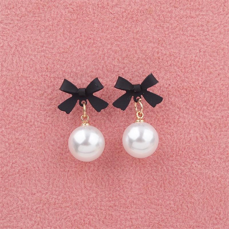 Black Red Bowknot Elegant Hanging Earrings Imitation Pearl Ball Pendants Korean Fashion Sweet Small Earrings Brincos 2025 New