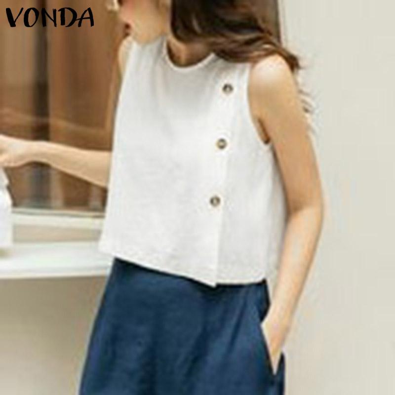 VONDA Women's Summer Round Neck Sleeveless Button Solid Color Casual Tank