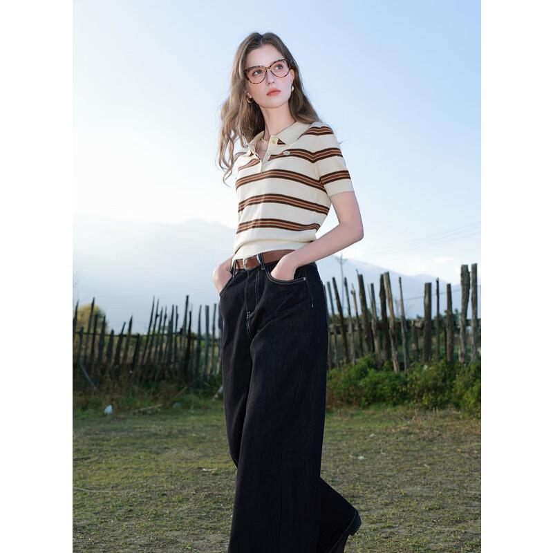 Sancai 2025 Spring Striped Polo Neck Knitted Top