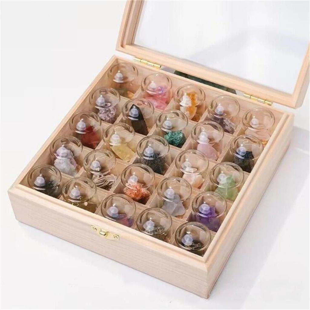 25Pcs Natural Crystal Quartz Mineral Set With Glass Display Jar Wooden Gift Box Teaching Collection Specimen Decorative Ornament