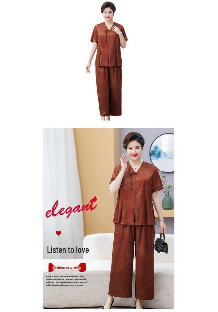 Summer Chinese Style Two-Piece T-Shirt Set for Middle-Aged Women - Plus Size, Loose Fit, Short Sleeve