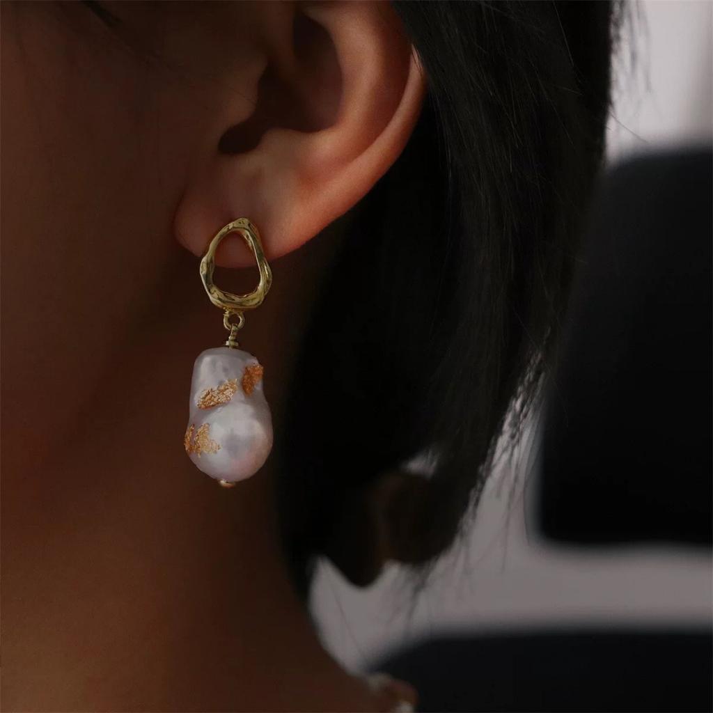Trendy design simple retro court style hand foil freshwater baroque pearl 925 silver needle earrings stud earrings