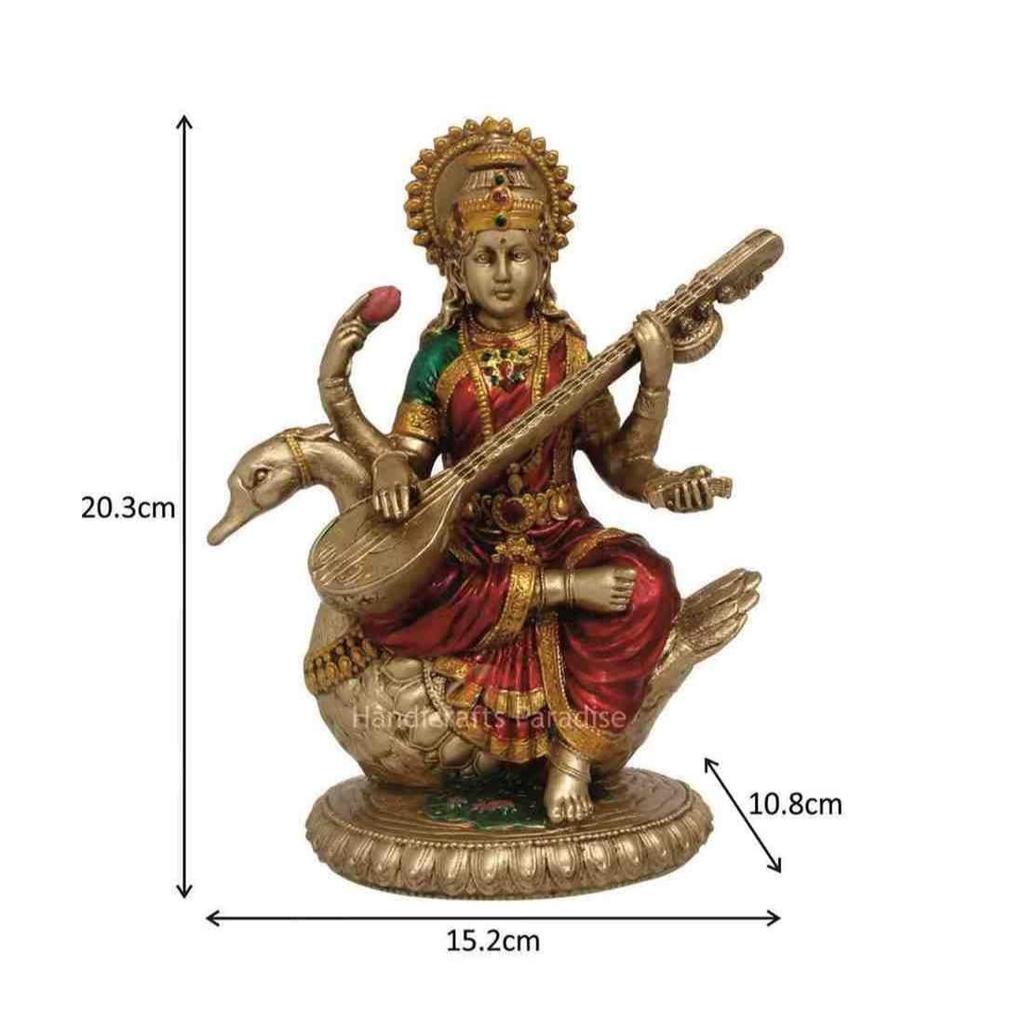 Hindu Goddess of Music and Knowledge Saraswati Sitting On Swan Playing The Vina Statue Sculpture