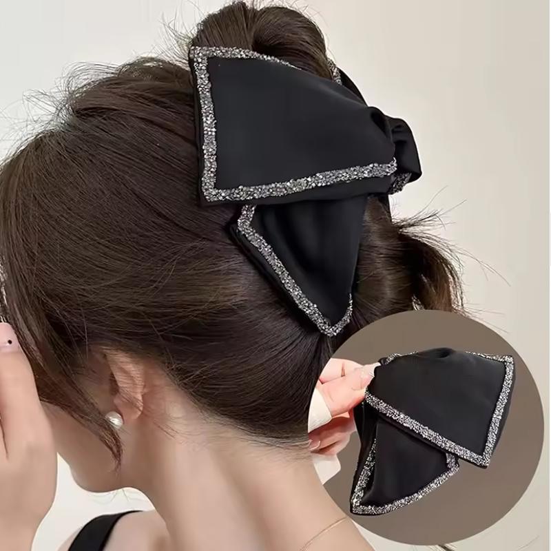 Vintage Hair Clips For Women Black Satin Hair Claw Rhinestone Pearl Hairpin Large Bow Hair Accessories Wedding Bridal Party Elegant Hair Ornament
