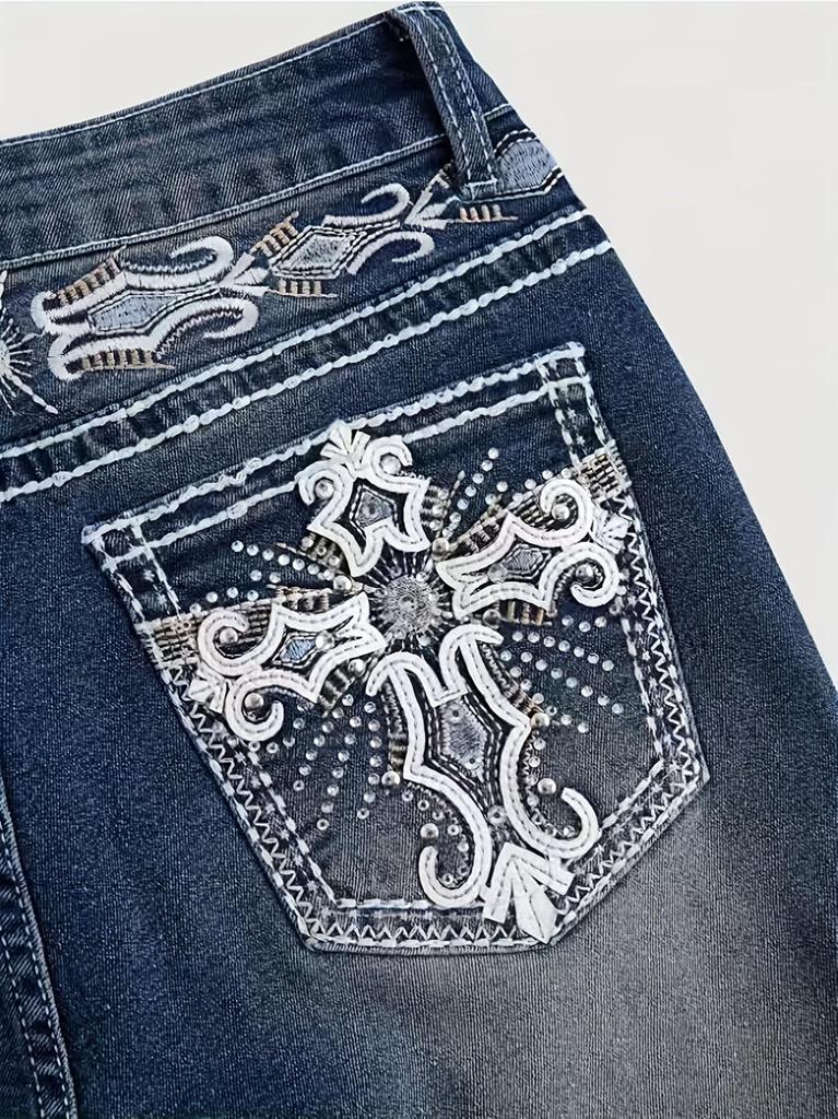 Jeans Donna Vita Alta Lavaggio Scuro Tasca Ricamata Vestibilità Slim Micro-Svasati