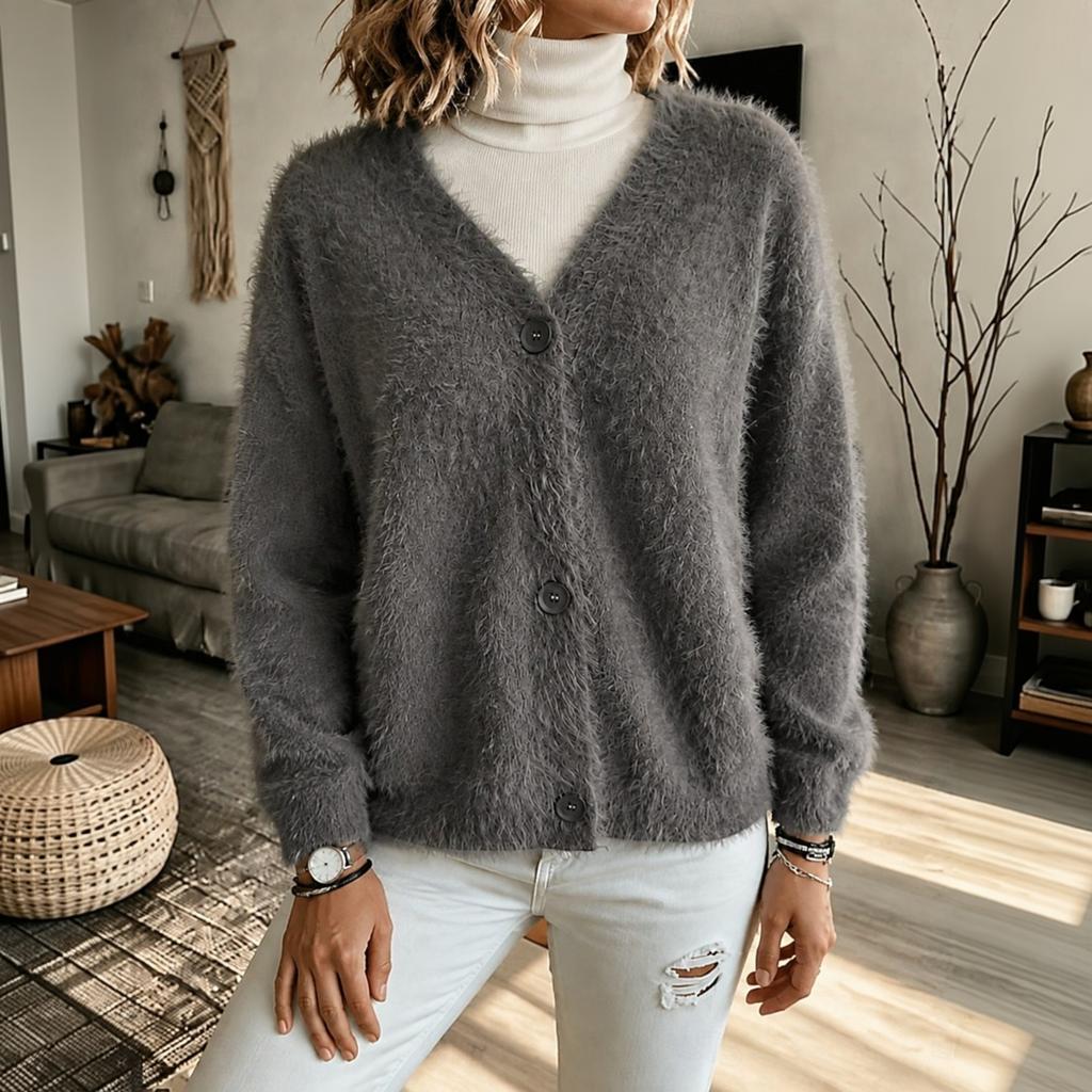 Women's V-Neck Fuzzy Long Sleeve Loose Fit Sweater Coat
