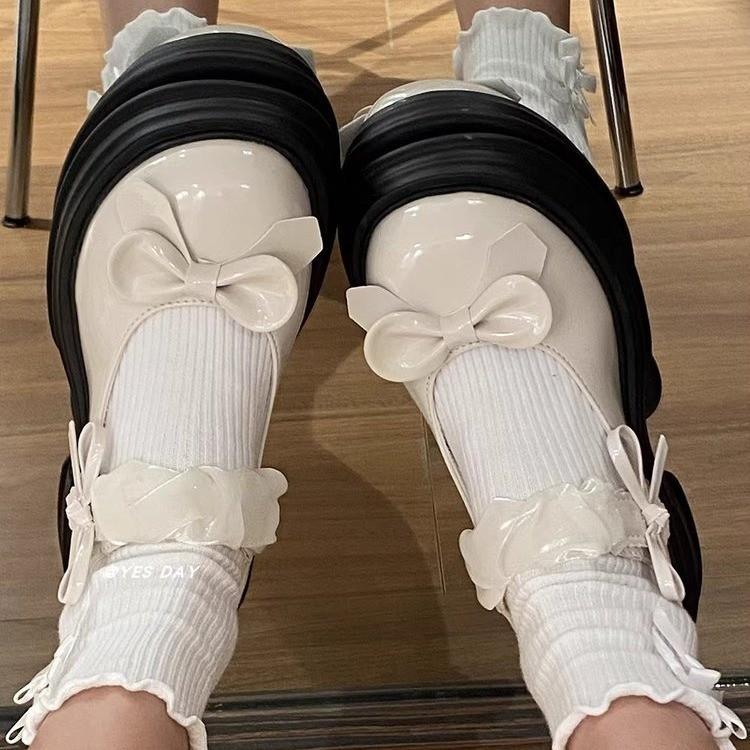 Fashion Shoes Oxfords Women's Black Flats Female Footwear British Style Bow-Knot Leather Retro Dress Preppy Butterfly PU Rome Hoof Heels