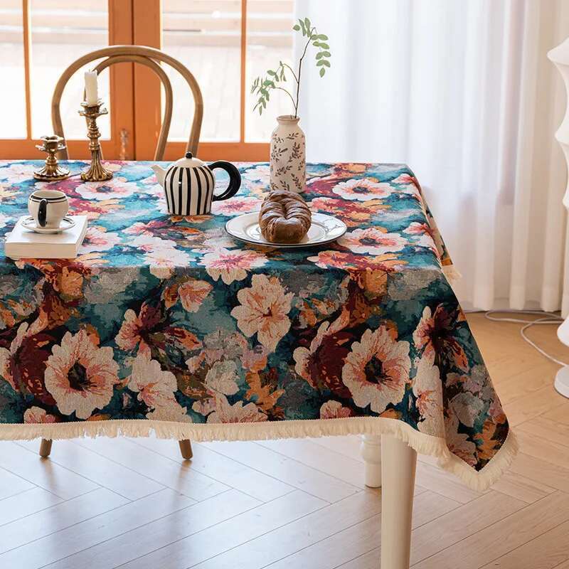 High End Home Floral Countryside Cotton Linen Fabric Tablecloth Rectangular Dining Table Cloth Decorative Cloth