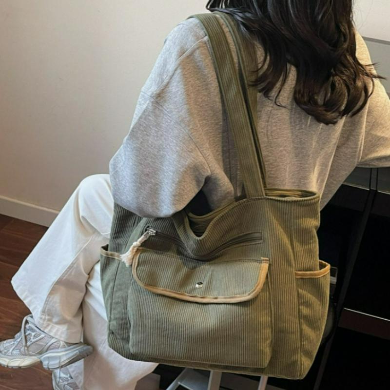 Corduroy Shoulder Bag Women Large Capacity Multi Pocket Tote Handle Bag Korean Style Casual Textured and Versatile Storage Bags
