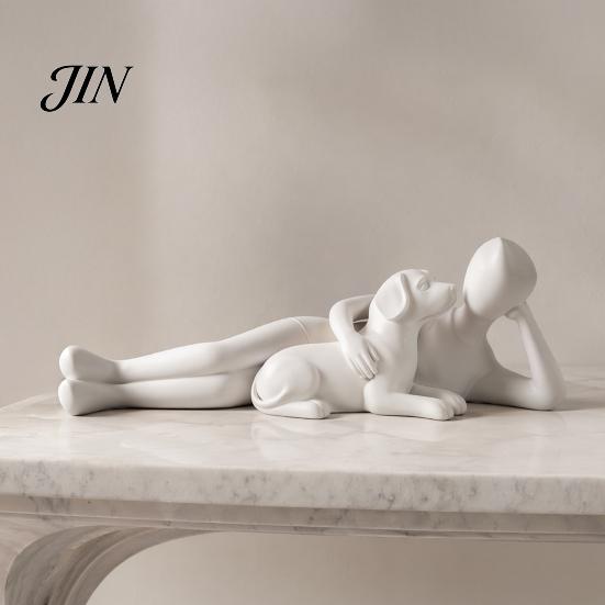 Modern Abstract Art Decor 3D Printed Man Lying on Dog Statue, Minimalist Human Pet Desktop Ornaments for Owners Figurine, Matte Black Sculpture