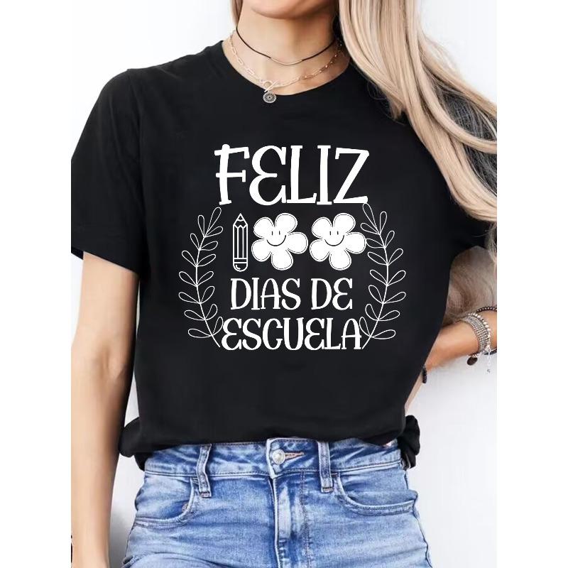 Spanish Letter Print Spring Summer Casual Round Neck Short Sleeve Sports T-Shirt Women s Top S чёрный