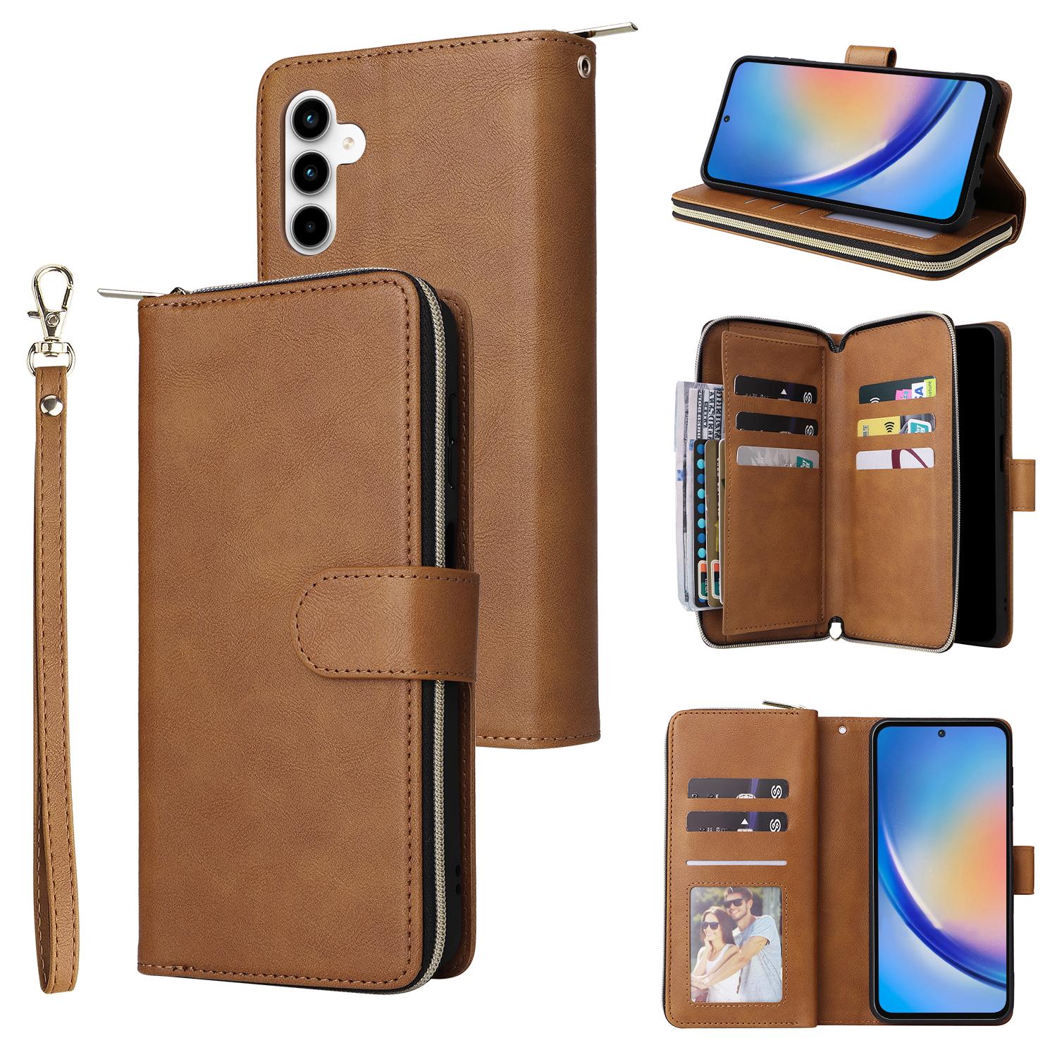 

For Samsung Galaxy A35 5G Case Zipper Pocket Leather Phone Cover with 9 Card Slots Brown