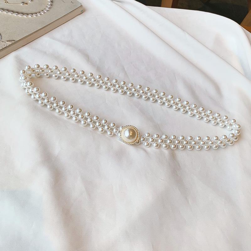 Women's Pearl Elastic Waist Chain for Hanfu and Korean Style Outfits - Versatile Woven Beaded Slimming Accessory