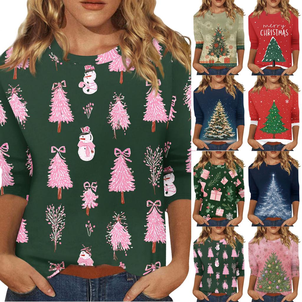 Women's O-Neck 3/4 Sleeve Christmas Print Top