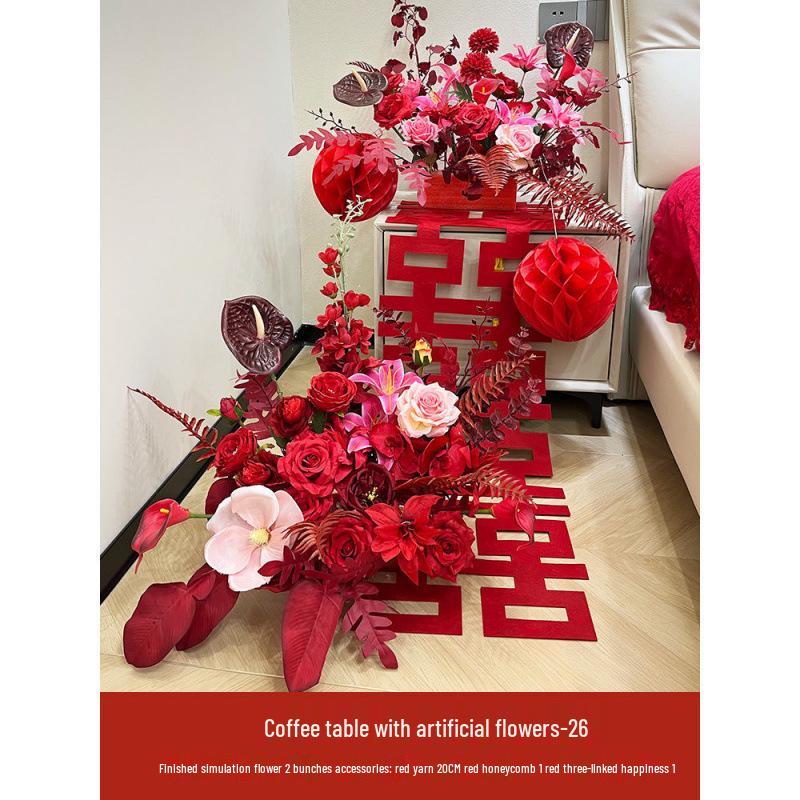Red Wedding Artificial Flower Arrangement for Living Room, Coffee Table, or Bedside Décor