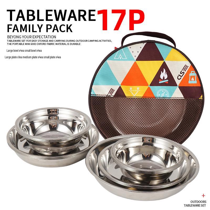 17-Piece Stainless Steel Outdoor Dinnerware Set: Portable BBQ and Camping Cutlery with Plates, Bowls, and Soup Basin.