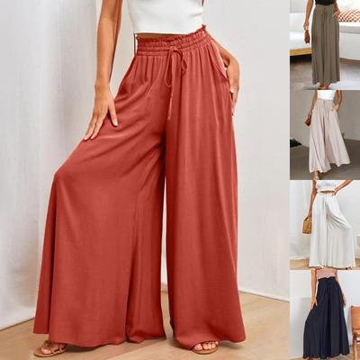 Calças femininas de cor sólida cinto elástico perna larga cintura alta culottes longos