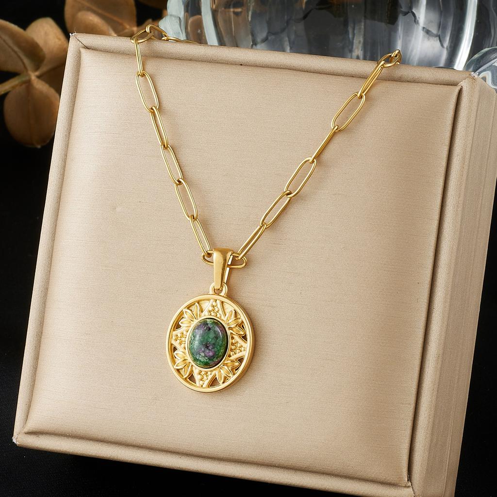 DIEYURO 316L Stainless Steel Gold Plated Sunflower Inlay Natural Stone Pendant Necklace Lady Fashion Bohemian Jewelry Gift
