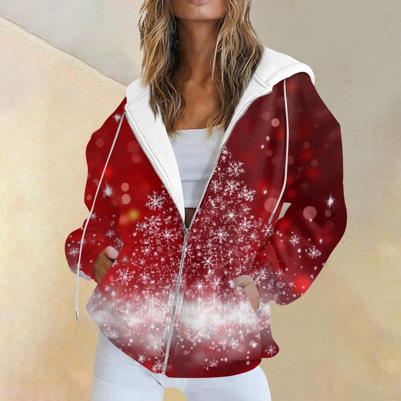 

Женская повседневная рождественская печатная толстовка на осень и зиму с длинными рукавами и карманом на молнии с капюшоном XL винный