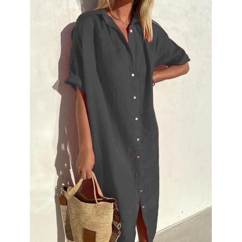 Abito Chemise Midi in Lino da Donna Bottoni Frontali Completi Tasche Laterali Spacco Laterale Oversize Ampia Tunica Traspirante Elegante Copricostume da Spiaggia Vestito Estivo
