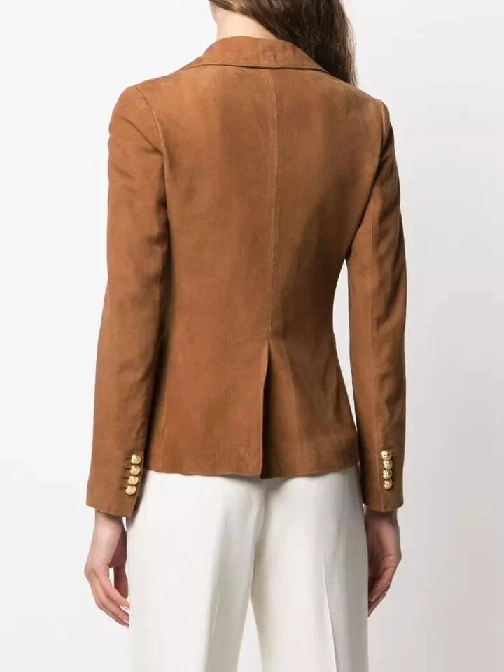Handmade Stylish Formal Casual Brown Women Real Soft Suede Leather Blazer New