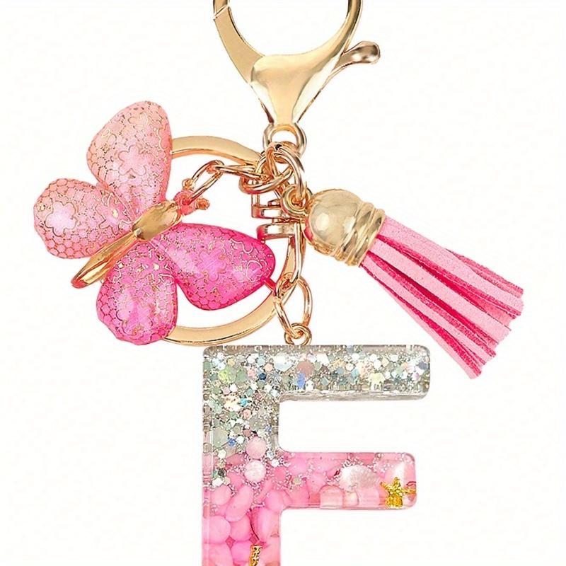 Personalized Bling Monogram Keychain for Women - Resin Letter Charm with Silvery Glitter, Pink Pebble & Gold Star Shaker - Birthday Gifts for Her