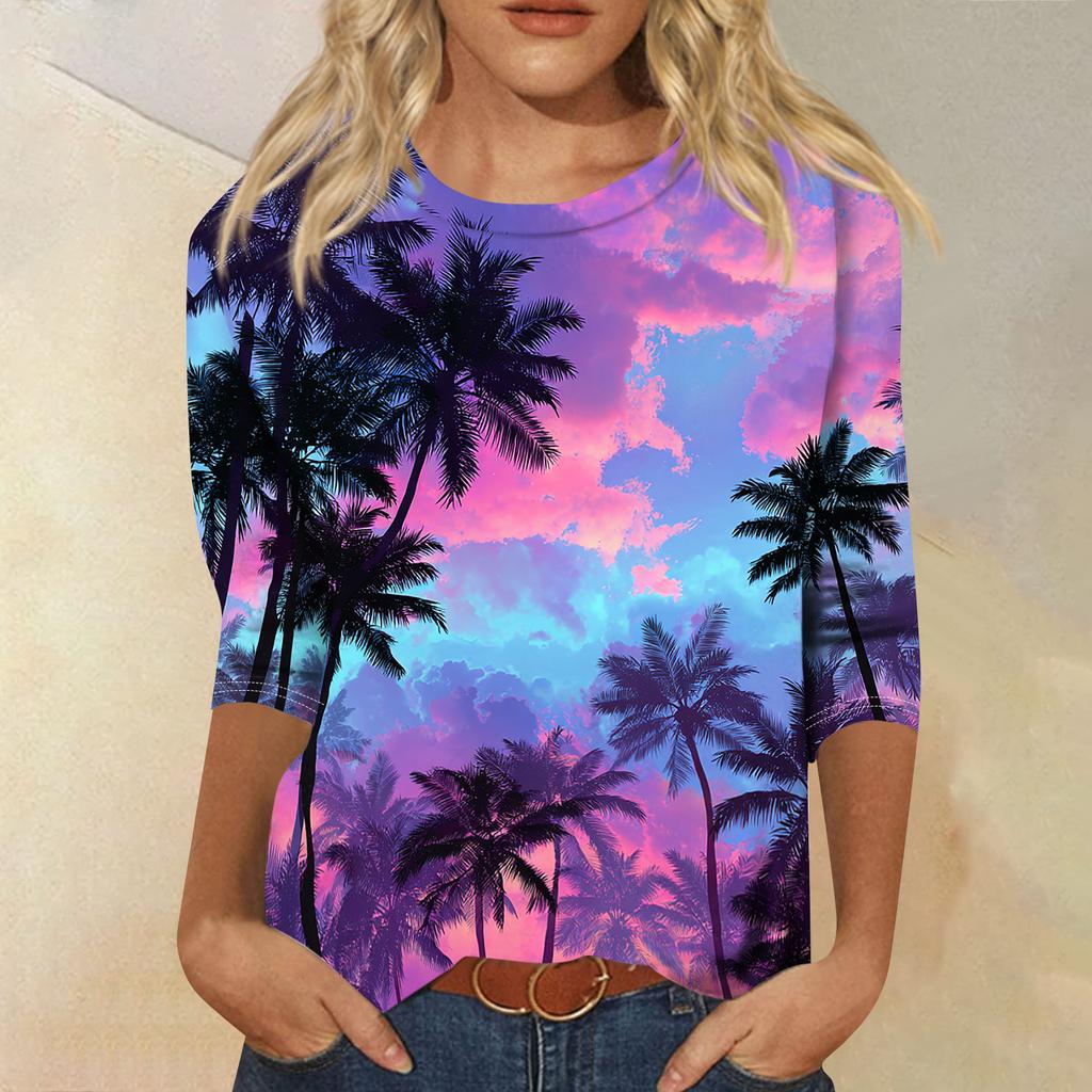 Women's Fashionable Casual Round Neck Three-quarter Sleeve Hawaiian Print T-shirt Top