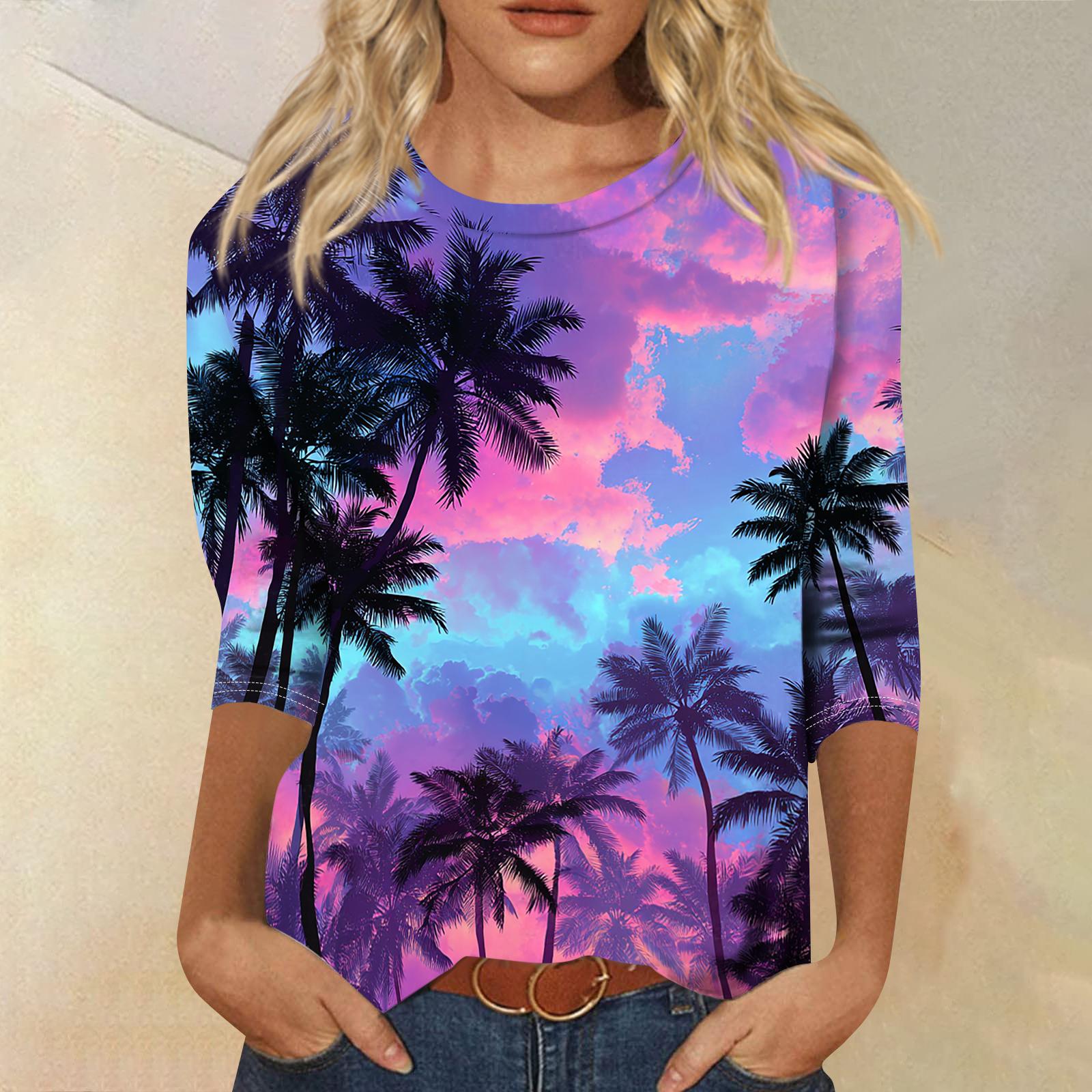 

Women s Fashionable Casual Round Neck Three-quarter Sleeve Hawaiian Print T-shirt Top XL фіолетовий