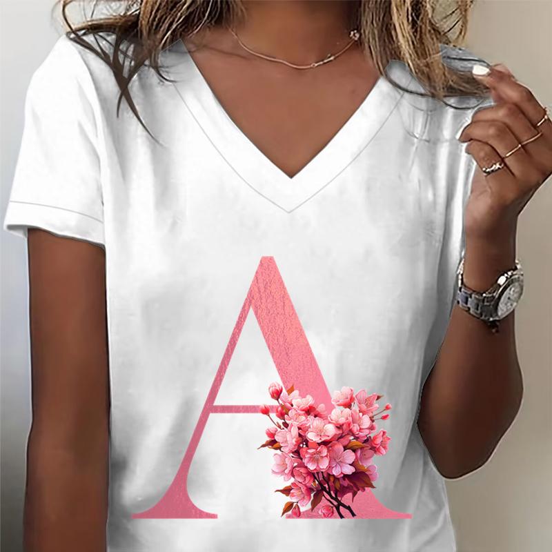 Pink Sakura Alphabet Graphic T Shirts Unisex Az 26 Alphabet Pink Flower Cartoon Tshirts Cherry Blossom Letters C Casual Tops