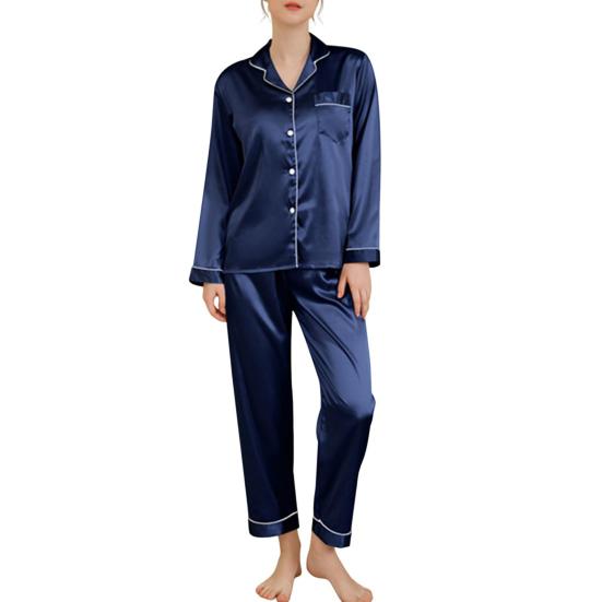 Yousheng 2 Pcs/Set Pajamas Suit Satin Single-breasted Cardigan Shirt V Neck Notch Collar Solid Color Shirt Wide Leg Loose Trousers Nighty Suit