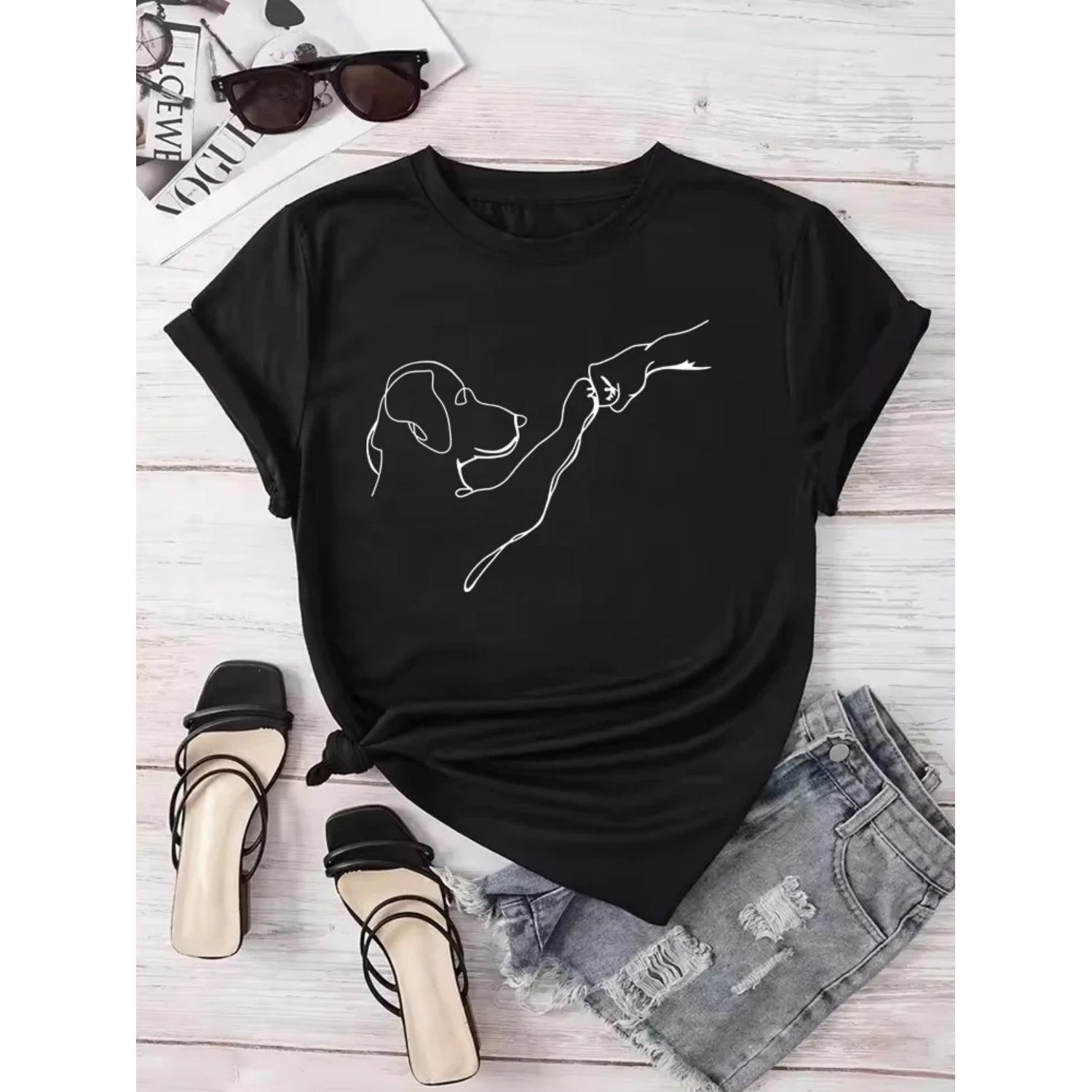 

Dog and People Punch Hand Graphic Printed Women T-shirts Short Sleeve Crew Neck Casual Top for Summer Women s Clothes XXXXXL чорний