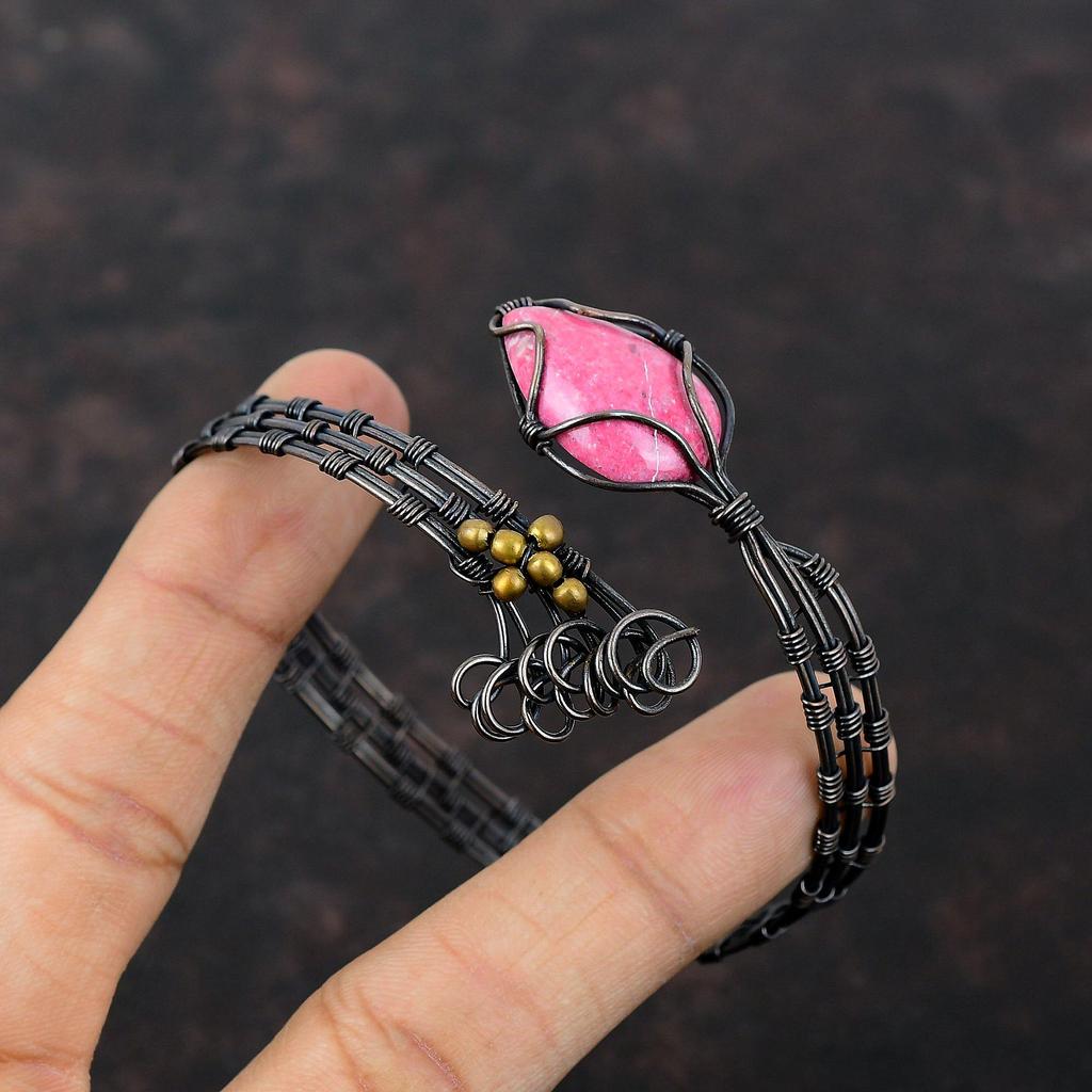 Thulite Cuff Bracelet Handmade Gemstone Bangle Copper Wire Wrapped Jewelry Adjustable Bangle Copper Wire Wrap Cuff Bracelet Gift For Mother