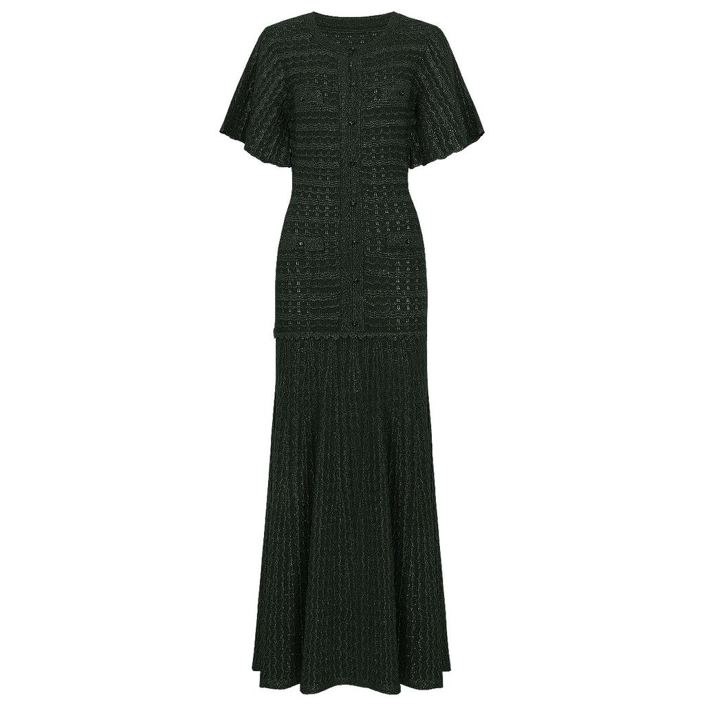 In-stock high-quality summer new socialite slim fit rhinestone short-sleeve V-neck shiny silk dress 2675
