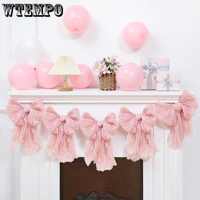 1 String of 5pcs Pink Bow Garlands Banner for Coquette Birthday Pink Bow Party Hanging Swirls Decoration for Wedding Engagement Graduation Party Decor