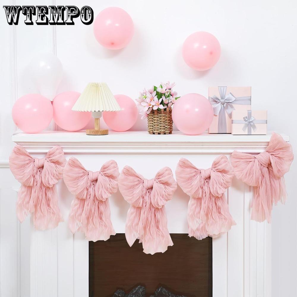 1 String of 5pcs Pink Bow Garlands Banner for Coquette Birthday Pink Bow Party Hanging Swirls Decoration for Wedding Engagement Graduation Party Decor