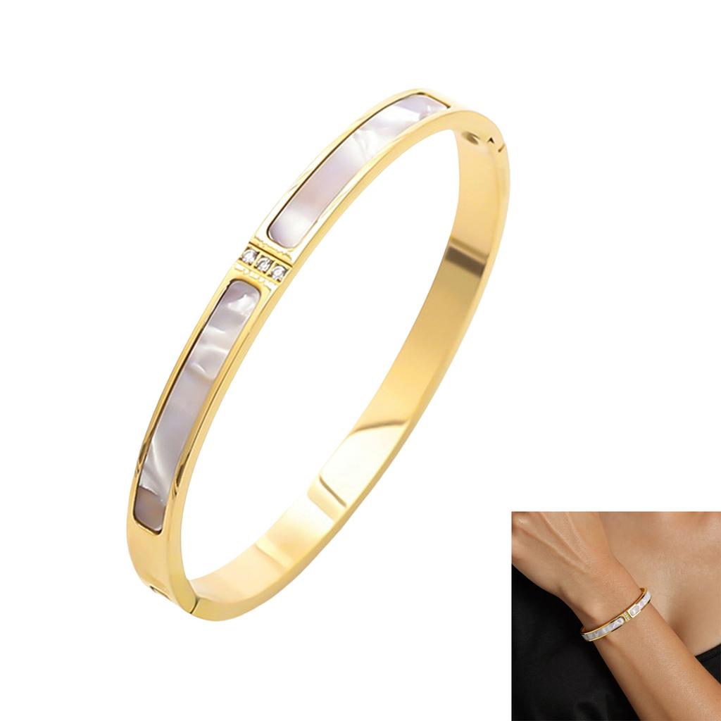 Alloy Bangle With 3 Shining Diamonds and White Shell Accent Fashion Accessory for Stylish Everyday Jewelry Pieces