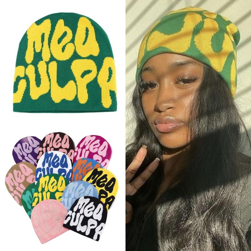 Mea Culpa Trendy Letter Print Beanies Knit  Hat Streetwear Cap Outfit Women Girl