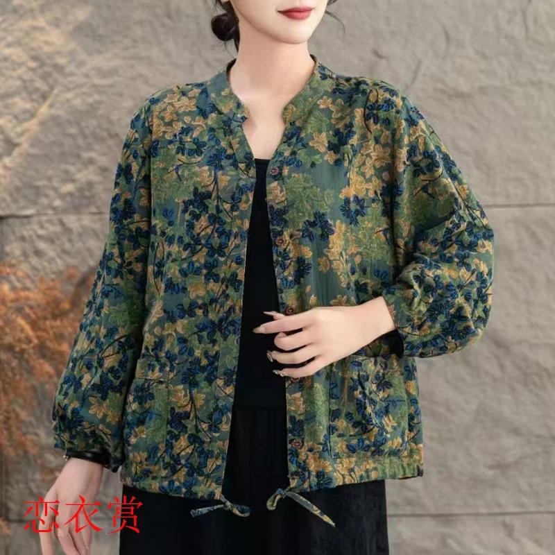 

Womens Floral Print Stand Collar Casual Open Front Jacket XL зелёный