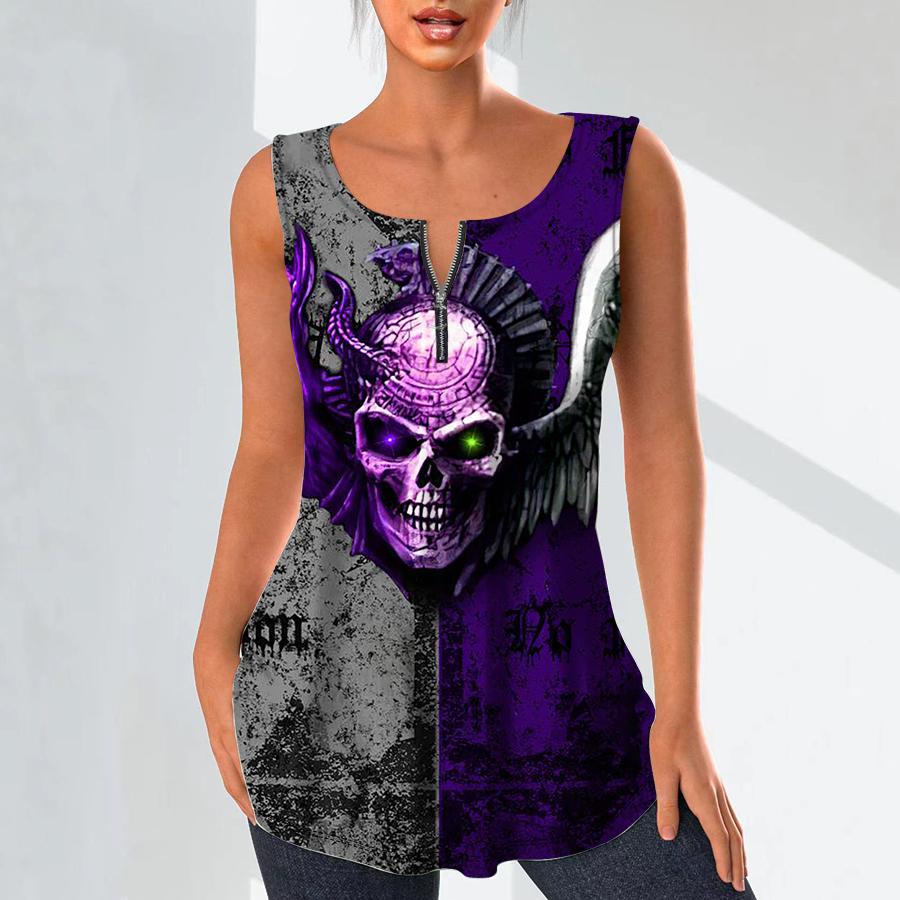 Camisas con cuello en V a la moda para mujer, camisetas informales, chaleco con estampado de esqueleto oscuro en 3D, blusa sin mangas de talla grande, camisetas sin mangas