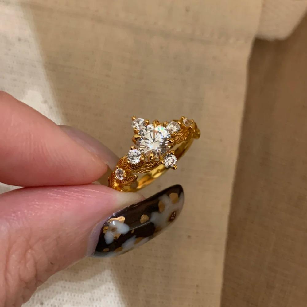 Vintage Laurel Moissanite Open Ring Elegant Gold Leaf Design Women Luxury Fashion Jewelry adjustable